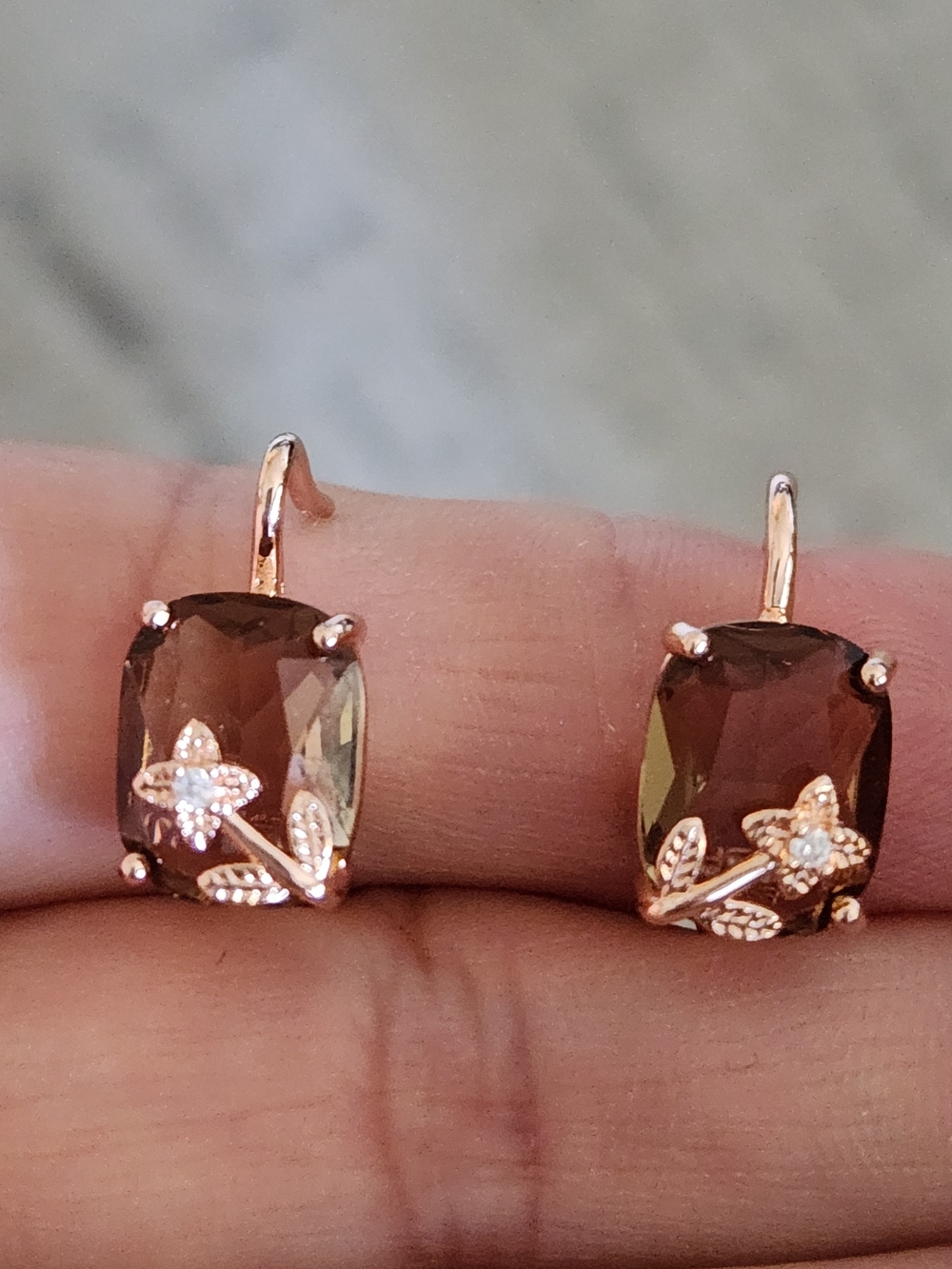 New 14K Gold Plated Emerald Cut Smoky Quartz Diamond Flower Hoop Earrings - Picture 7 of 7